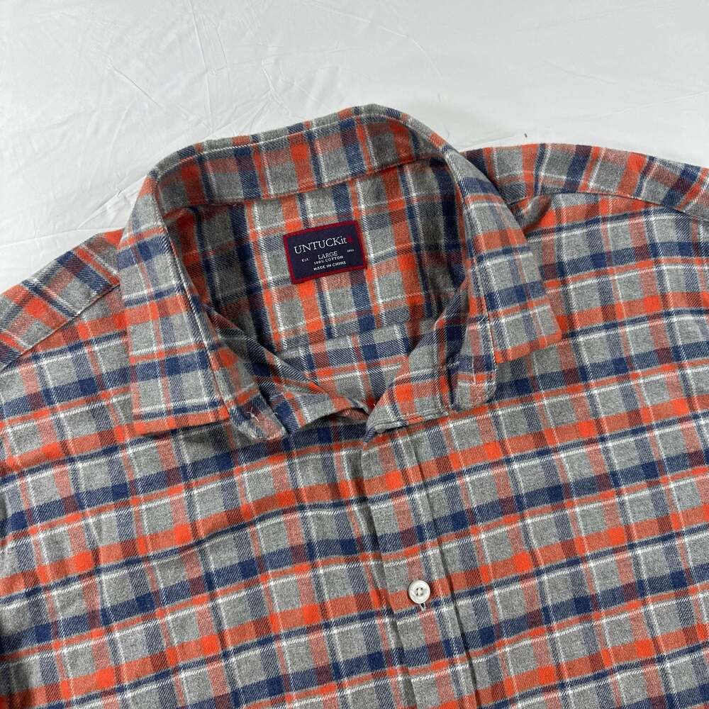 Untuckit Radda Men's Orange Navy Blue Plaid Flannel Button Up Shirt L